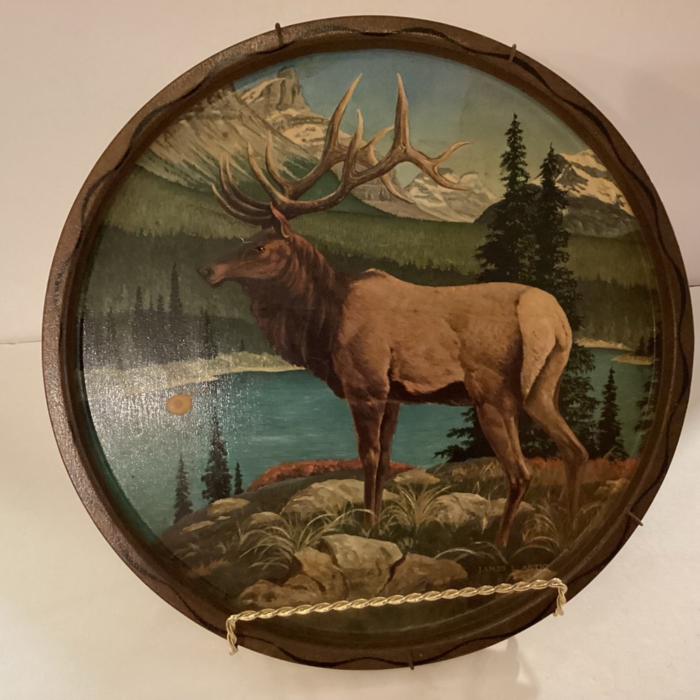 Vintage tin serving tray, elk, mountains, river scene
